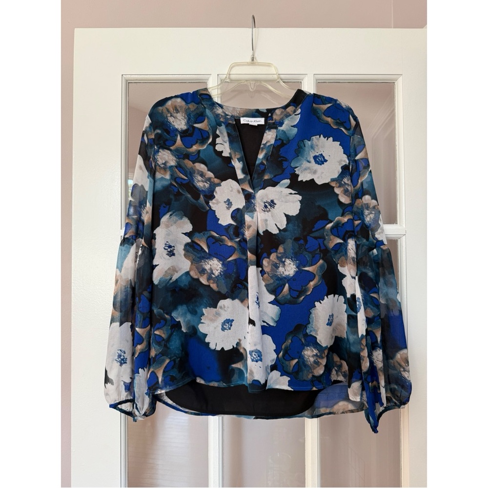 Calvin Klein Blue Floral Print Sheer Long Sleeve Blouse